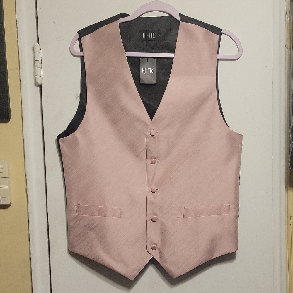 Hi-Tie Mens Collection Pink And Black Silk V-Neck Vest Size Small